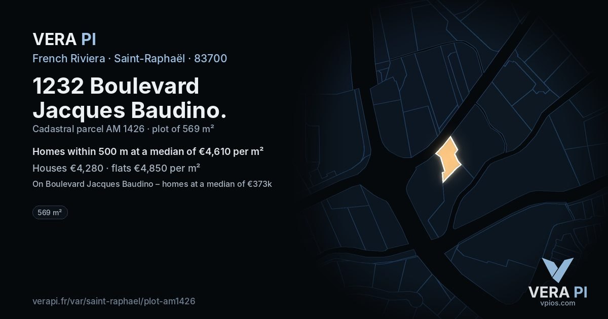 1232 Boulevard Jacques Baudino, Saint-Raphaël at night – the plot lit, the parcels around coloured by the prices near them