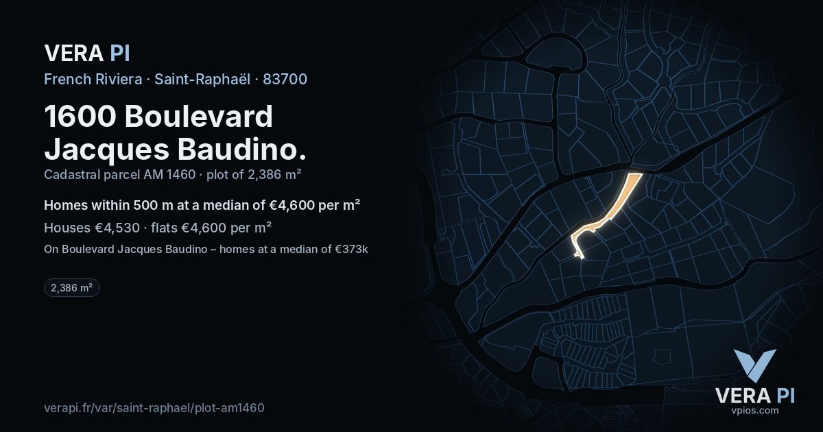 1600 Boulevard Jacques Baudino, Saint-Raphaël at night – the plot lit, the parcels around coloured by the prices near them