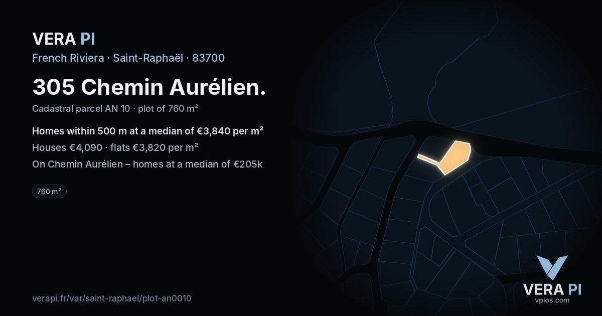 305 Chemin Aurélien, Saint-Raphaël at night – the plot lit, the parcels around coloured by the prices near them
