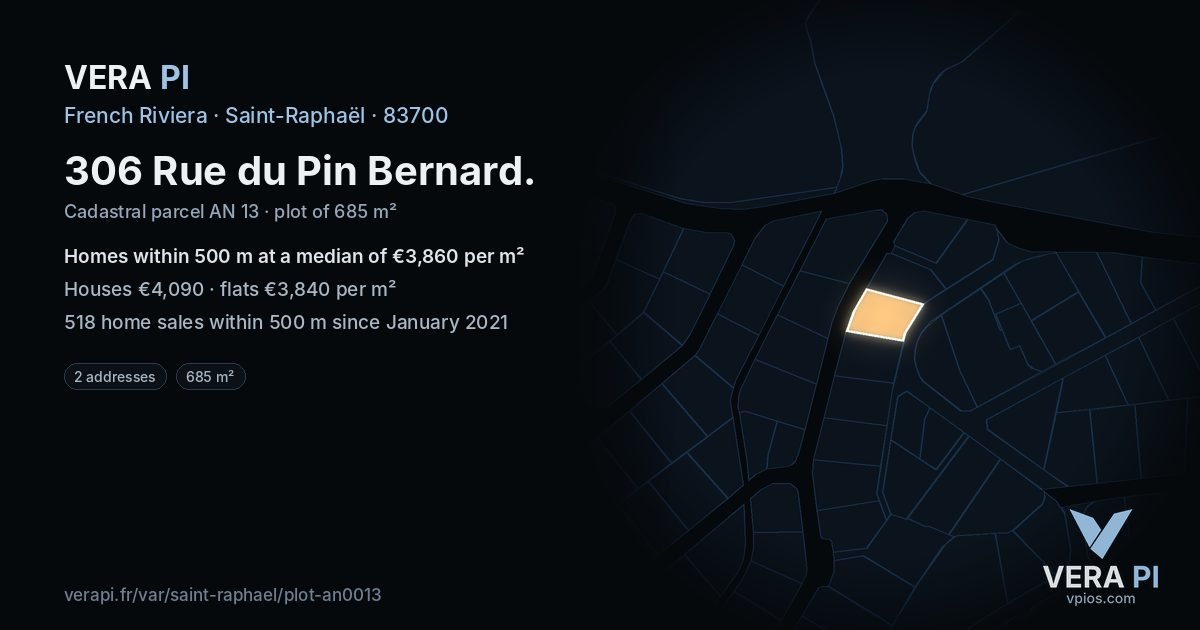 306 Rue du Pin Bernard, Saint-Raphaël at night – the plot lit, the parcels around coloured by the prices near them