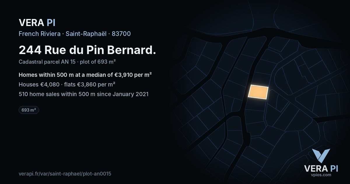 244 Rue du Pin Bernard, Saint-Raphaël at night – the plot lit, the parcels around coloured by the prices near them