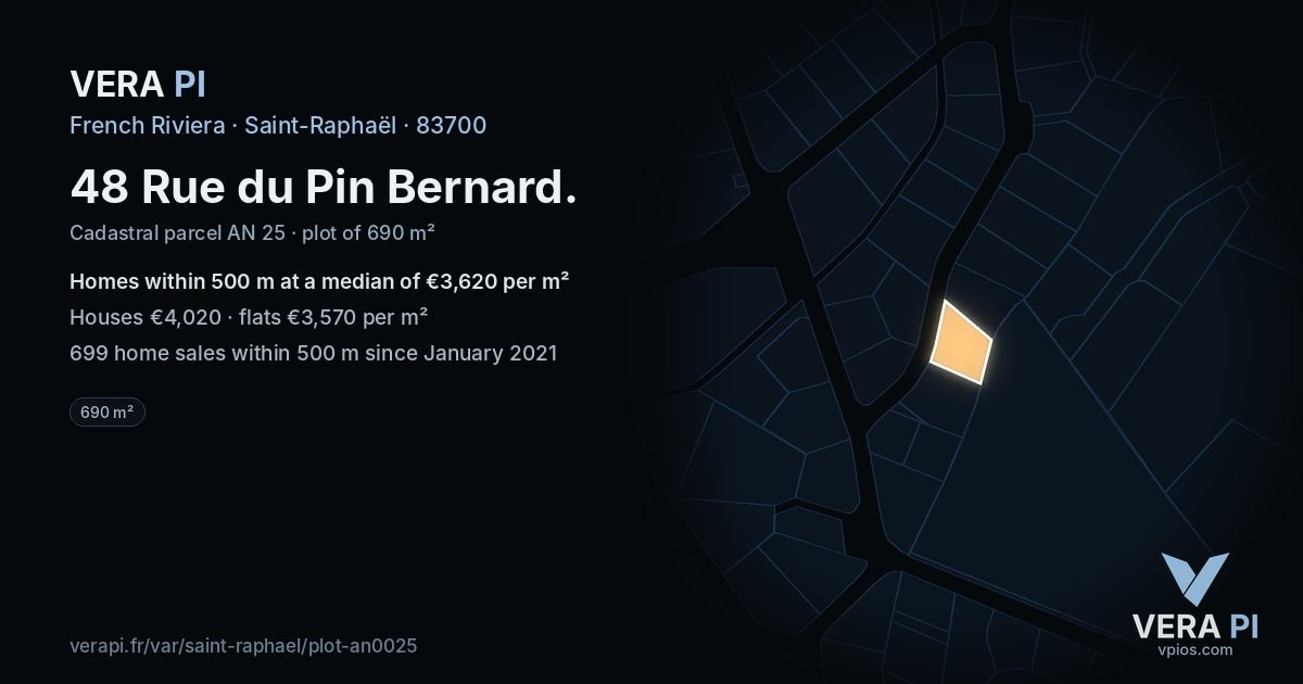 48 Rue du Pin Bernard, Saint-Raphaël at night – the plot lit, the parcels around coloured by the prices near them