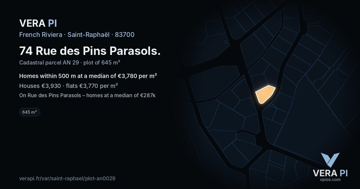 74 Rue des Pins Parasols, Saint-Raphaël at night – the plot lit, the parcels around coloured by the prices near them