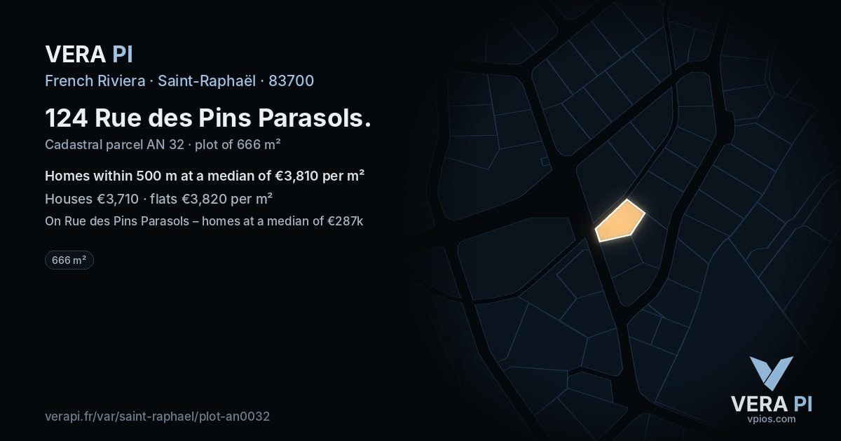 124 Rue des Pins Parasols, Saint-Raphaël at night – the plot lit, the parcels around coloured by the prices near them