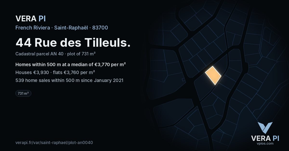 44 Rue des Tilleuls, Saint-Raphaël at night – the plot lit, the parcels around coloured by the prices near them