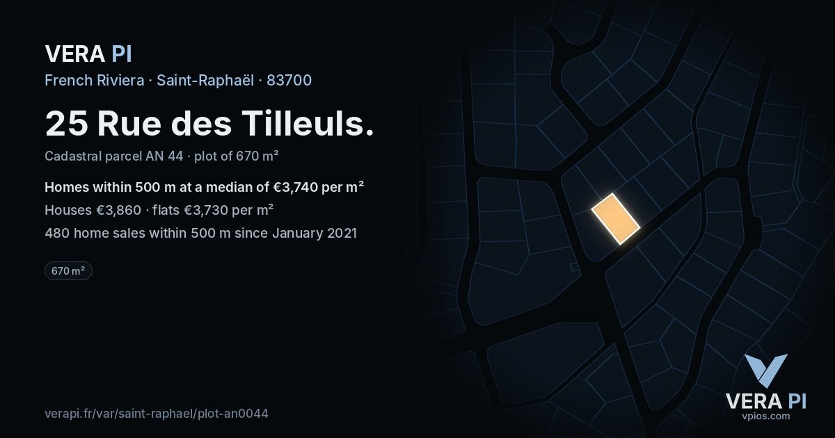 25 Rue des Tilleuls, Saint-Raphaël at night – the plot lit, the parcels around coloured by the prices near them