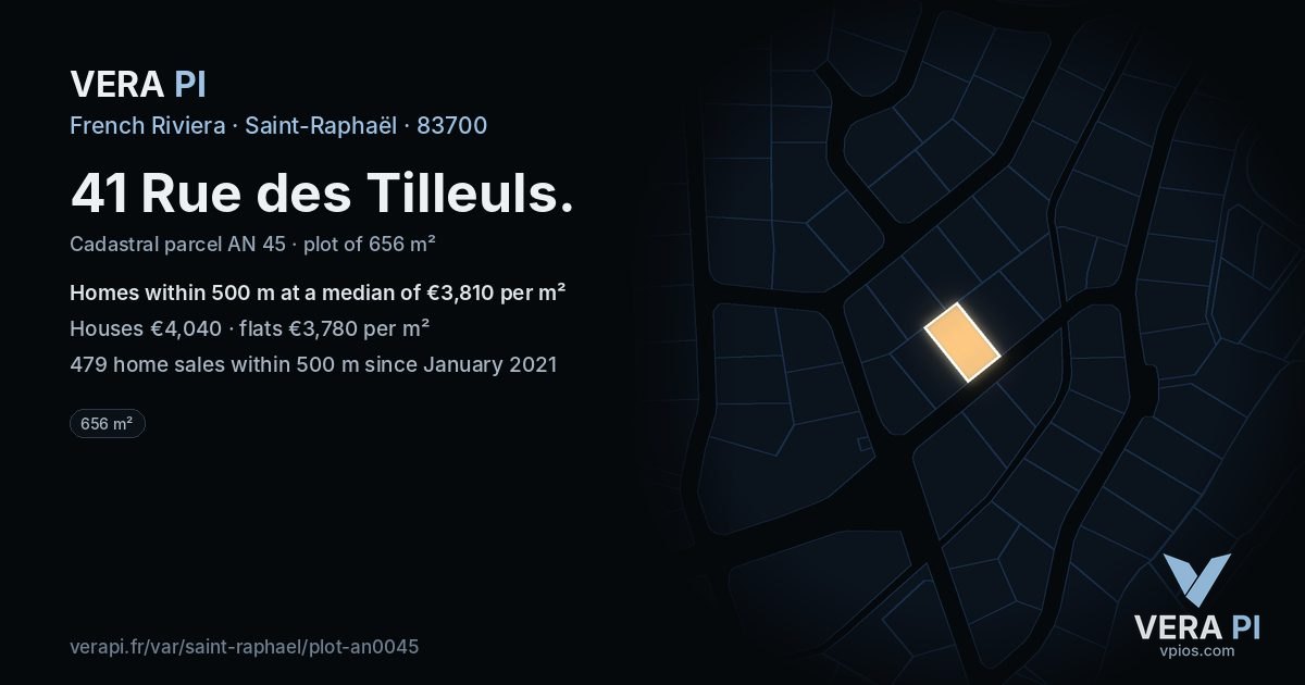 41 Rue des Tilleuls, Saint-Raphaël at night – the plot lit, the parcels around coloured by the prices near them