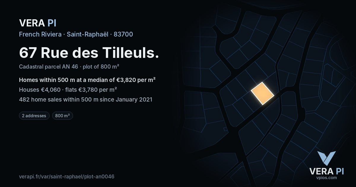67 Rue des Tilleuls, Saint-Raphaël at night – the plot lit, the parcels around coloured by the prices near them