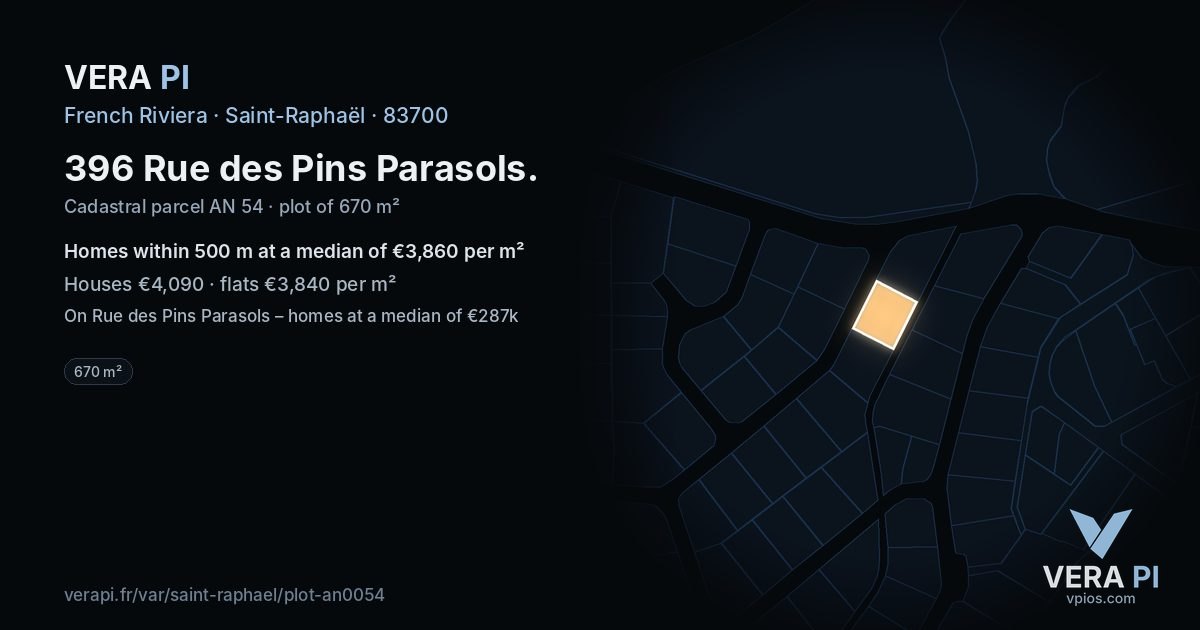 396 Rue des Pins Parasols, Saint-Raphaël at night – the plot lit, the parcels around coloured by the prices near them