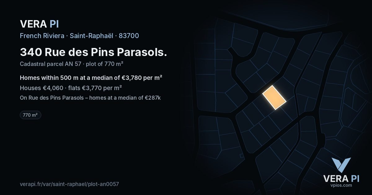 340 Rue des Pins Parasols, Saint-Raphaël at night – the plot lit, the parcels around coloured by the prices near them