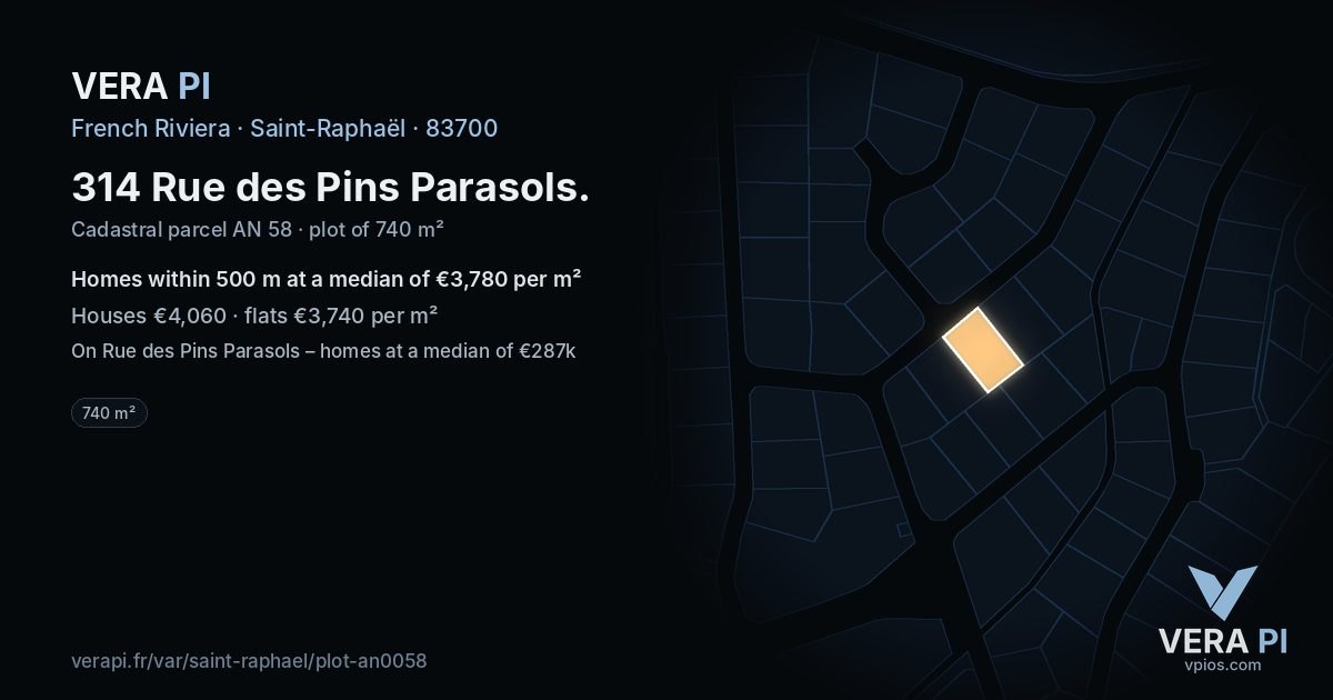 314 Rue des Pins Parasols, Saint-Raphaël at night – the plot lit, the parcels around coloured by the prices near them