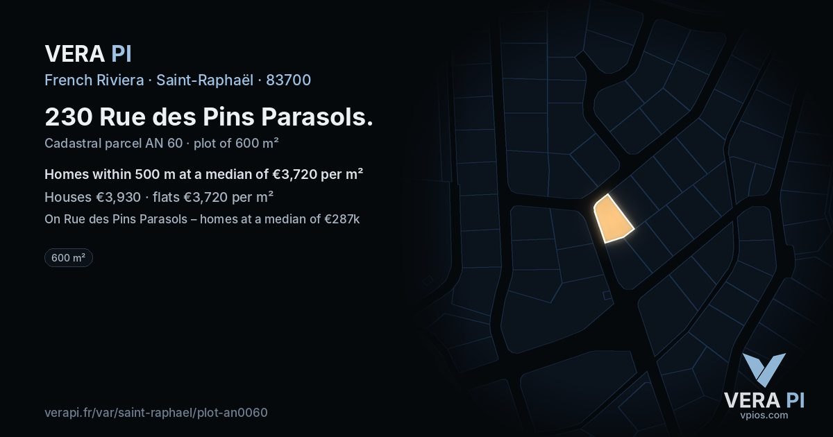 230 Rue des Pins Parasols, Saint-Raphaël at night – the plot lit, the parcels around coloured by the prices near them