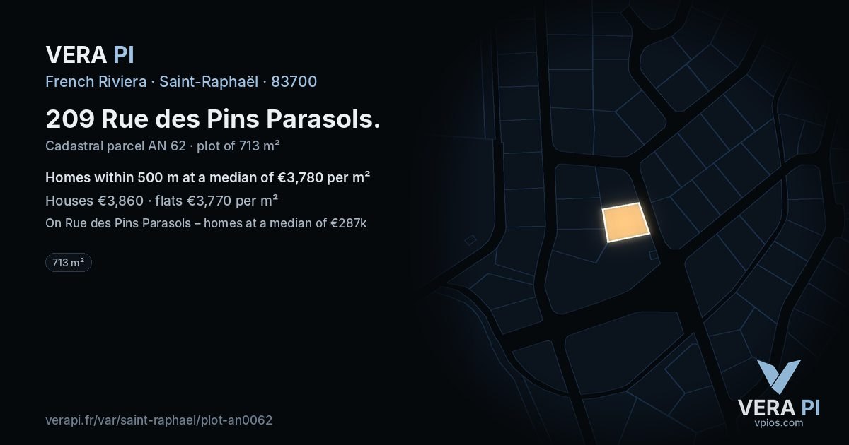 209 Rue des Pins Parasols, Saint-Raphaël at night – the plot lit, the parcels around coloured by the prices near them