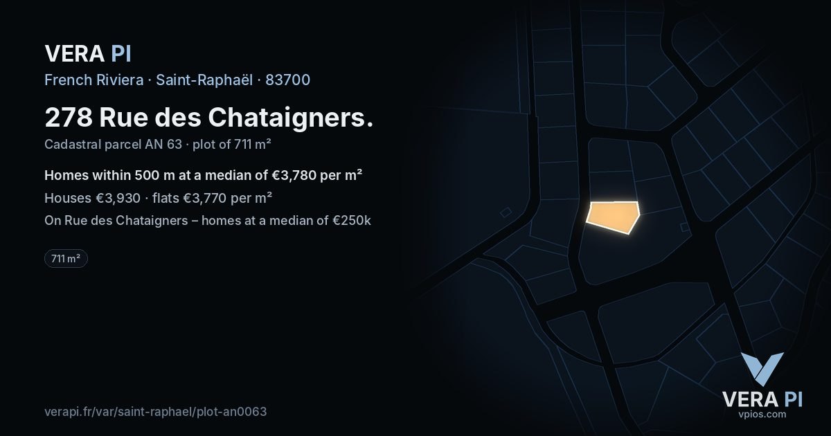 278 Rue des Chataigners, Saint-Raphaël at night – the plot lit, the parcels around coloured by the prices near them