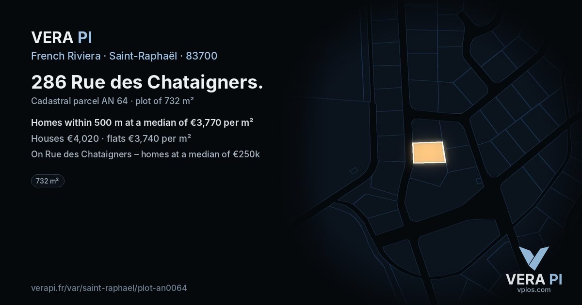286 Rue des Chataigners, Saint-Raphaël at night – the plot lit, the parcels around coloured by the prices near them