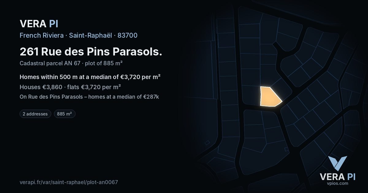 261 Rue des Pins Parasols, Saint-Raphaël at night – the plot lit, the parcels around coloured by the prices near them