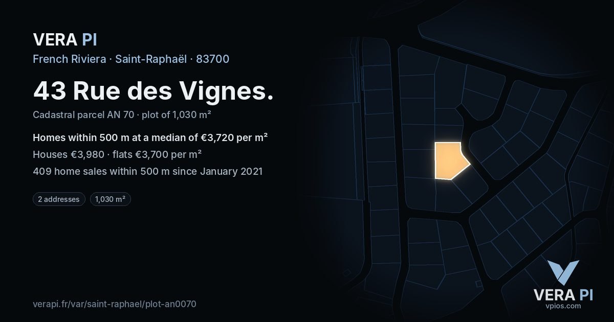 43 Rue des Vignes, Saint-Raphaël at night – the plot lit, the parcels around coloured by the prices near them