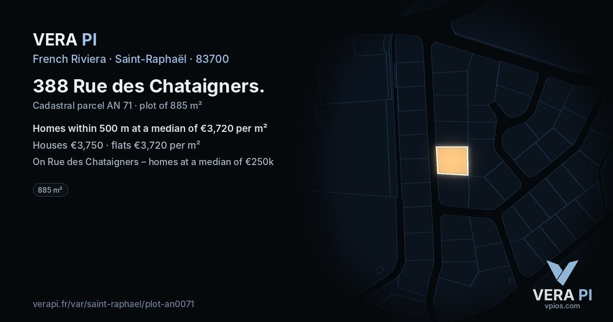 388 Rue des Chataigners, Saint-Raphaël at night – the plot lit, the parcels around coloured by the prices near them