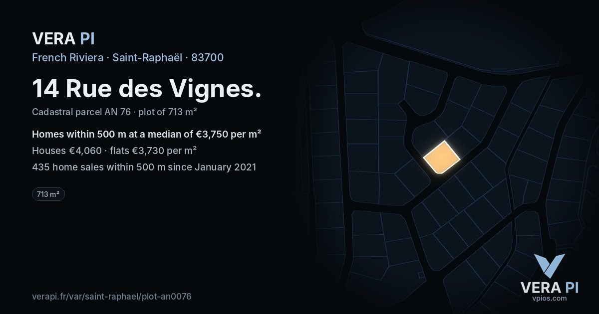 14 Rue des Vignes, Saint-Raphaël at night – the plot lit, the parcels around coloured by the prices near them