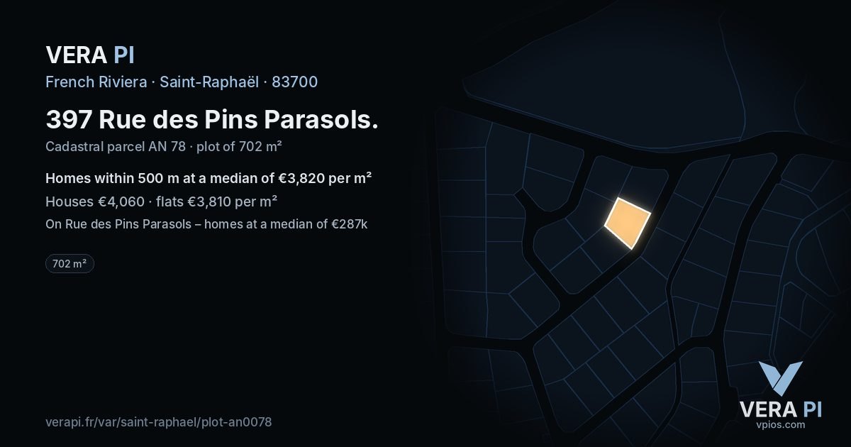 397 Rue des Pins Parasols, Saint-Raphaël at night – the plot lit, the parcels around coloured by the prices near them