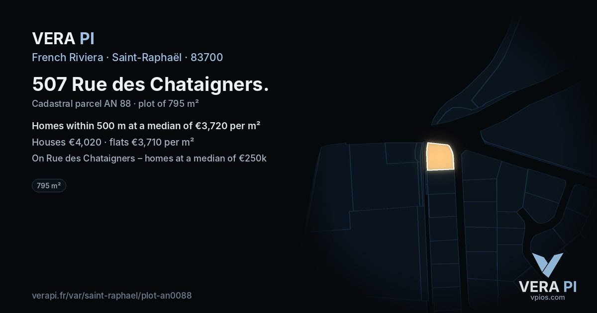 507 Rue des Chataigners, Saint-Raphaël at night – the plot lit, the parcels around coloured by the prices near them