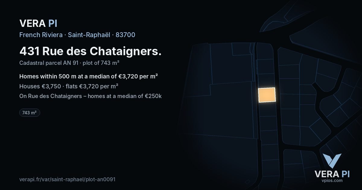 431 Rue des Chataigners, Saint-Raphaël at night – the plot lit, the parcels around coloured by the prices near them