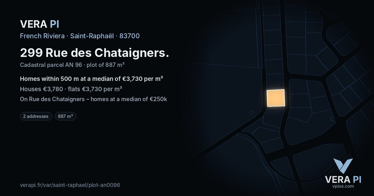 299 Rue des Chataigners, Saint-Raphaël at night – the plot lit, the parcels around coloured by the prices near them