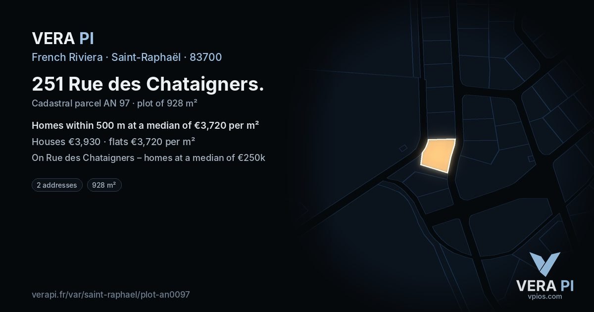 251 Rue des Chataigners, Saint-Raphaël at night – the plot lit, the parcels around coloured by the prices near them