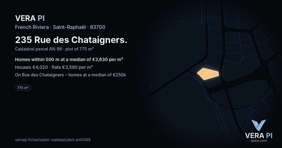 235 Rue des Chataigners, Saint-Raphaël at night – the plot lit, the parcels around coloured by the prices near them