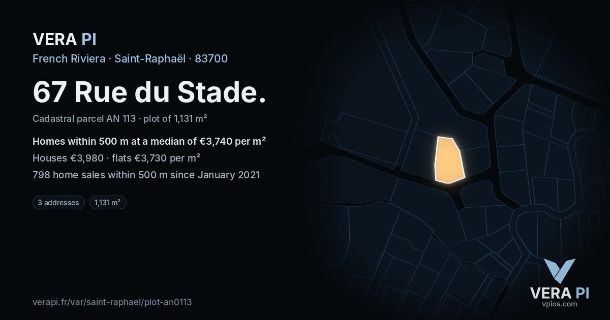 67 Rue du Stade, Saint-Raphaël at night – the plot lit, the parcels around coloured by the prices near them