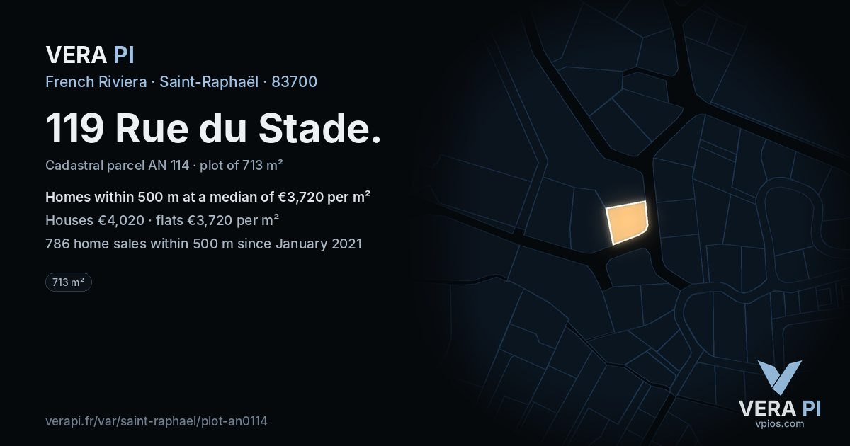 119 Rue du Stade, Saint-Raphaël at night – the plot lit, the parcels around coloured by the prices near them