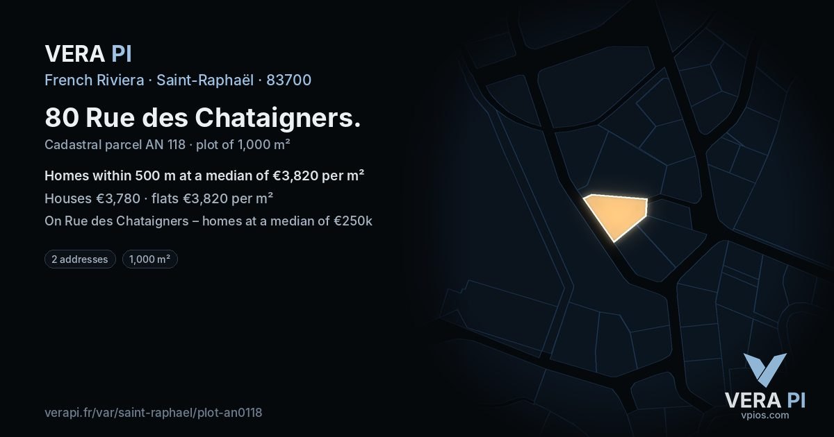 80 Rue des Chataigners, Saint-Raphaël at night – the plot lit, the parcels around coloured by the prices near them
