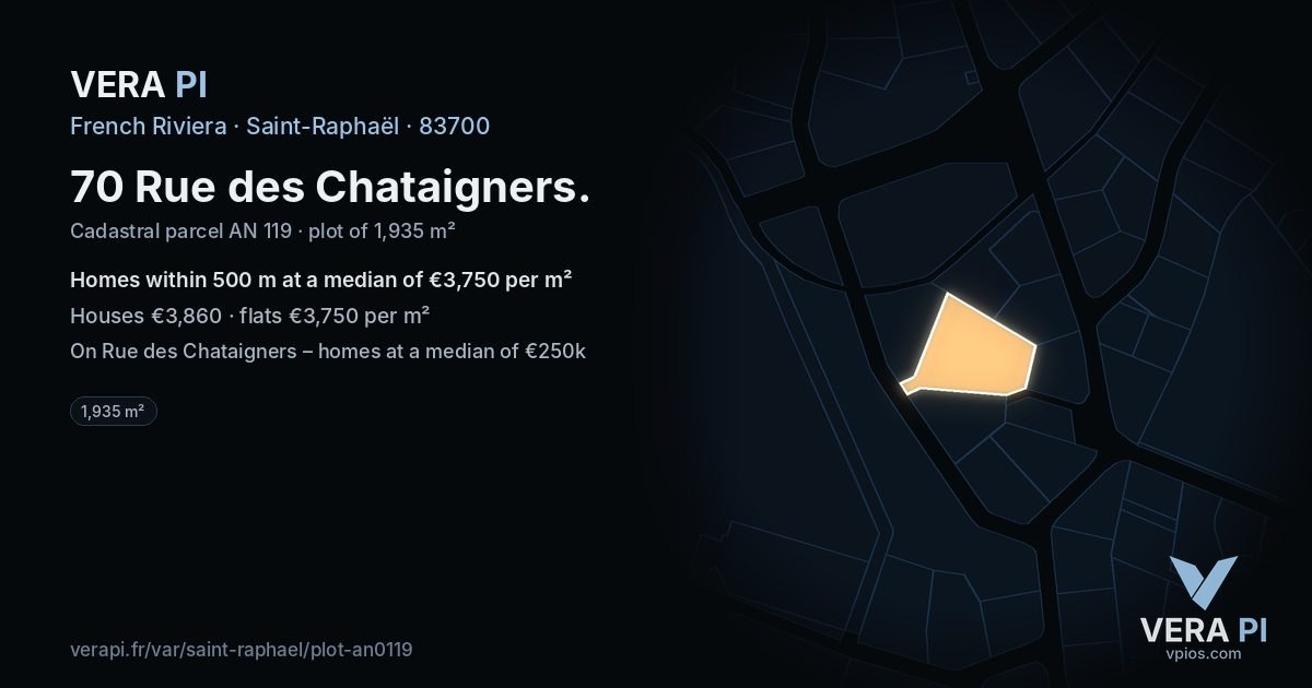 70 Rue des Chataigners, Saint-Raphaël at night – the plot lit, the parcels around coloured by the prices near them