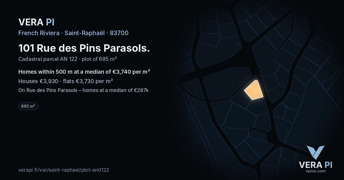 101 Rue des Pins Parasols, Saint-Raphaël at night – the plot lit, the parcels around coloured by the prices near them