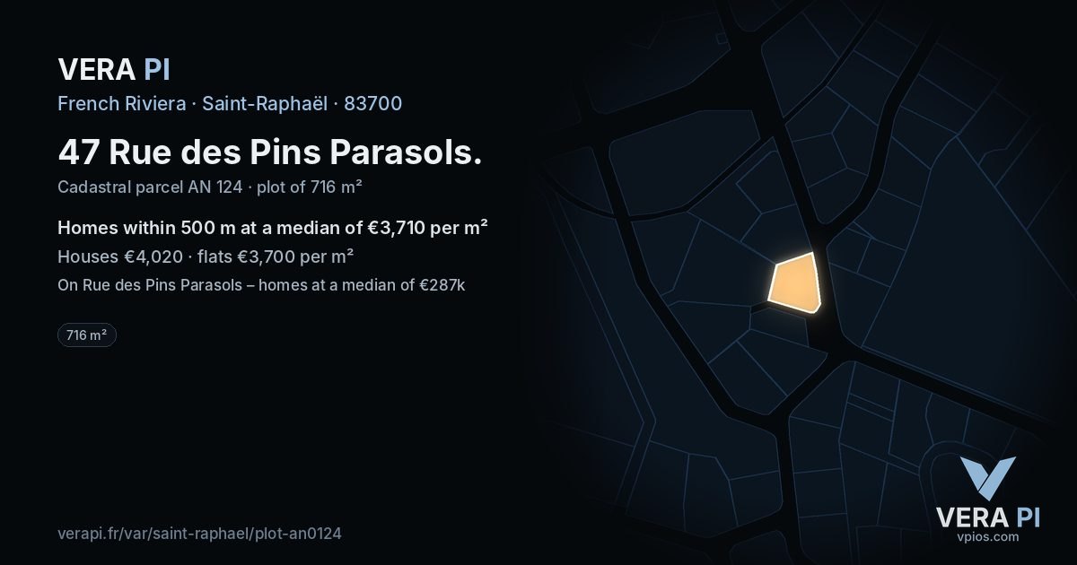 47 Rue des Pins Parasols, Saint-Raphaël at night – the plot lit, the parcels around coloured by the prices near them