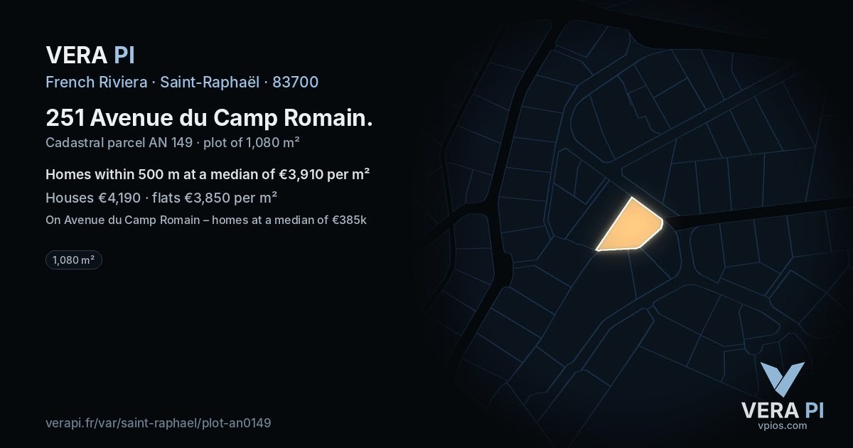 251 Avenue du Camp Romain, Saint-Raphaël at night – the plot lit, the parcels around coloured by the prices near them