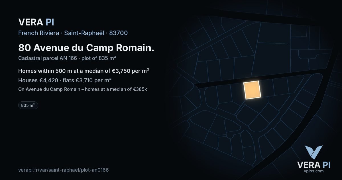 80 Avenue du Camp Romain, Saint-Raphaël at night – the plot lit, the parcels around coloured by the prices near them
