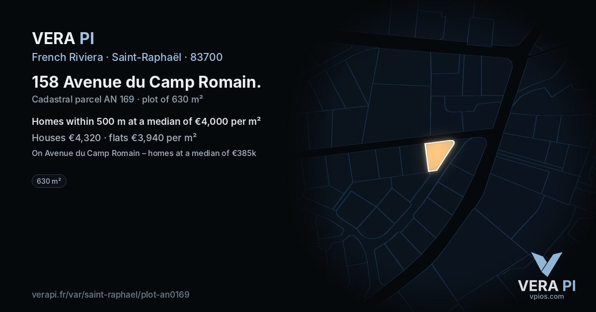 158 Avenue du Camp Romain, Saint-Raphaël at night – the plot lit, the parcels around coloured by the prices near them
