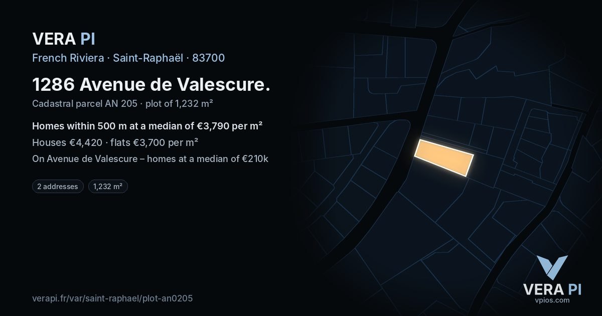 1286 Avenue de Valescure, Saint-Raphaël at night – the plot lit, the parcels around coloured by the prices near them