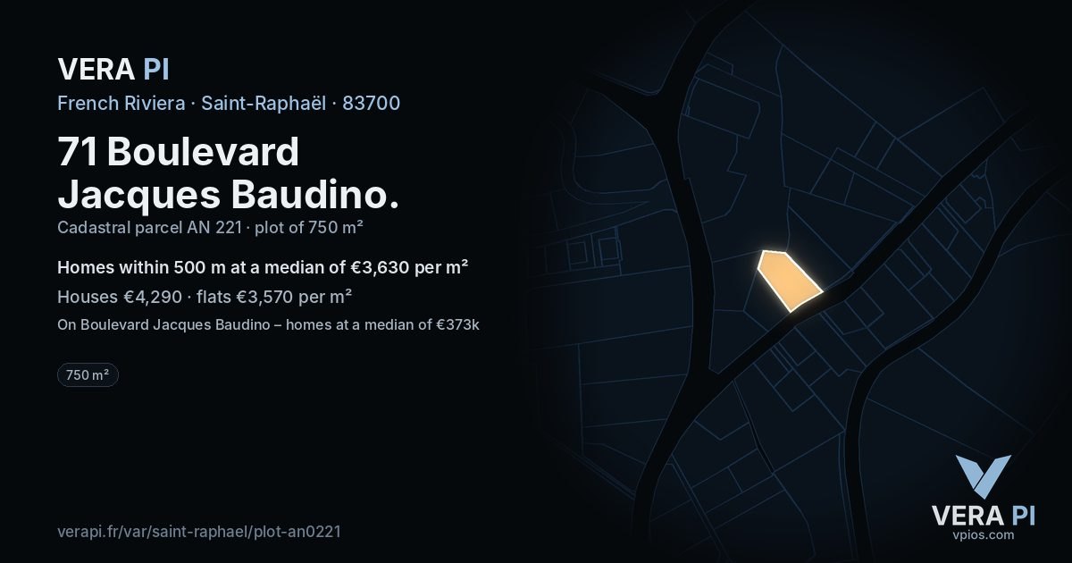 71 Boulevard Jacques Baudino, Saint-Raphaël at night – the plot lit, the parcels around coloured by the prices near them