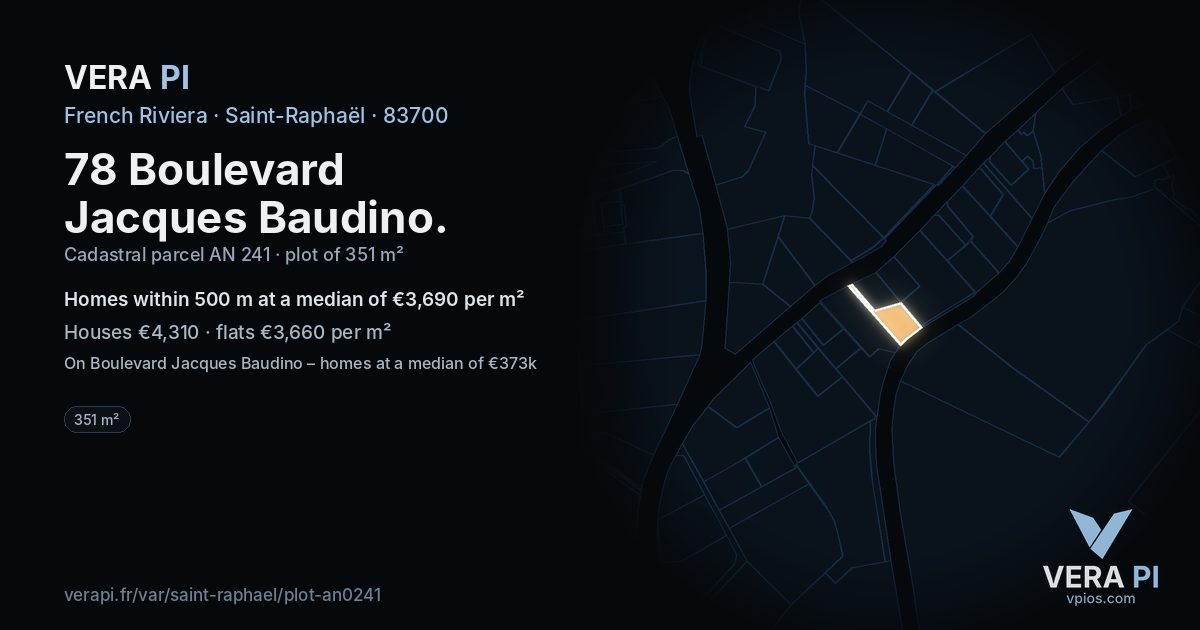 78 Boulevard Jacques Baudino, Saint-Raphaël at night – the plot lit, the parcels around coloured by the prices near them