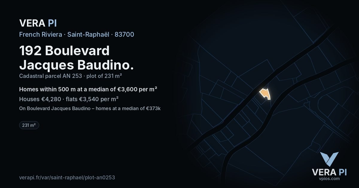 192 Boulevard Jacques Baudino, Saint-Raphaël at night – the plot lit, the parcels around coloured by the prices near them