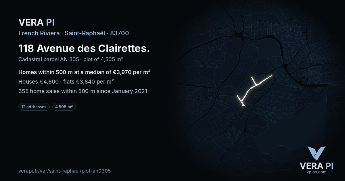 118 Avenue des Clairettes, Saint-Raphaël at night – the plot lit, the parcels around coloured by the prices near them
