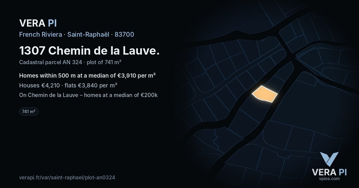 1307 Chemin de la Lauve, Saint-Raphaël at night – the plot lit, the parcels around coloured by the prices near them