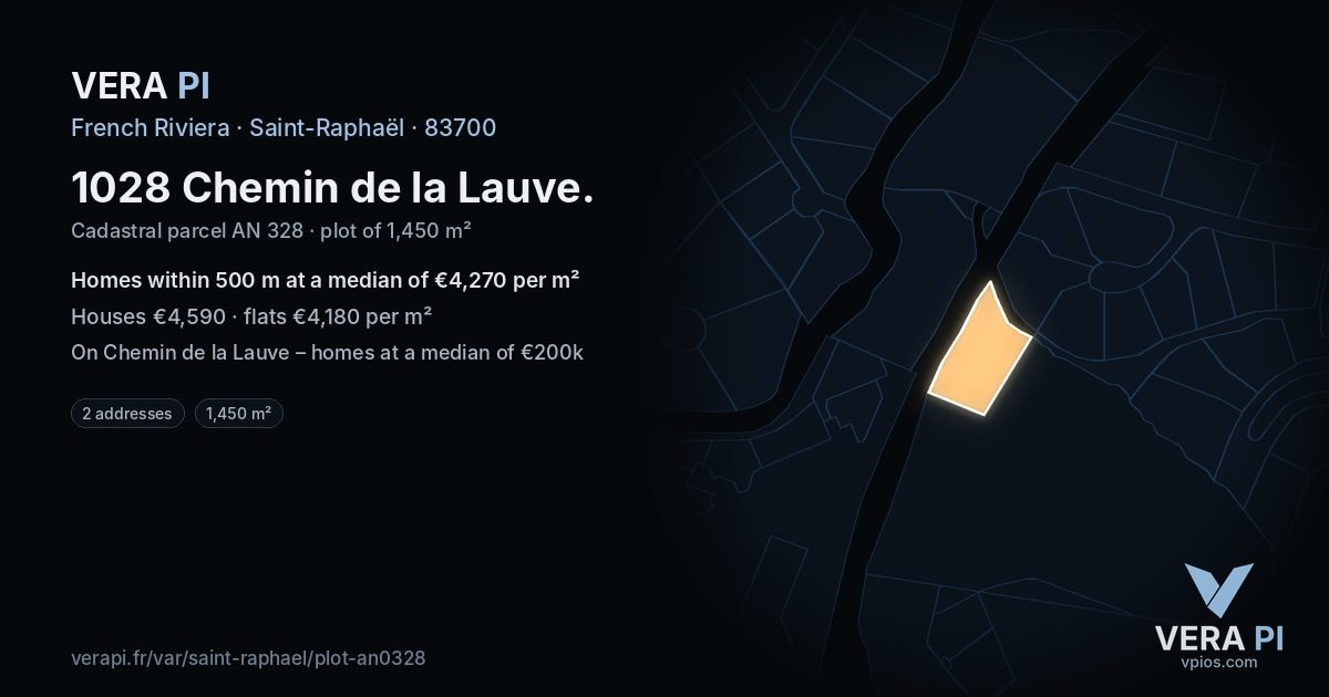 1028 Chemin de la Lauve, Saint-Raphaël at night – the plot lit, the parcels around coloured by the prices near them