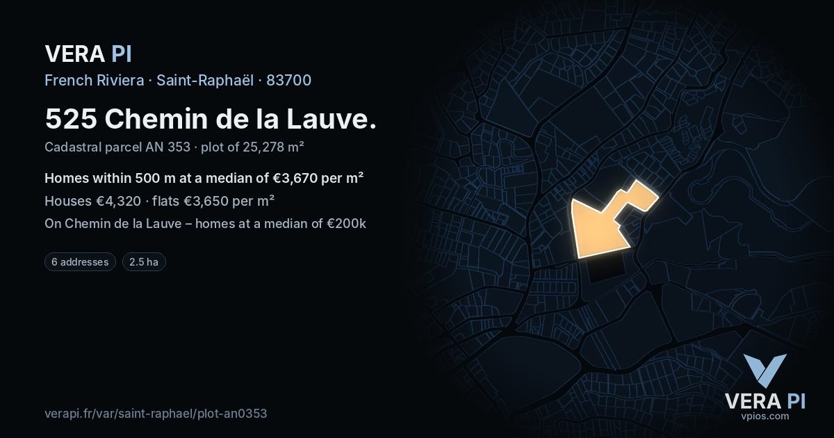 525 Chemin de la Lauve, Saint-Raphaël at night – the plot lit, the parcels around coloured by the prices near them