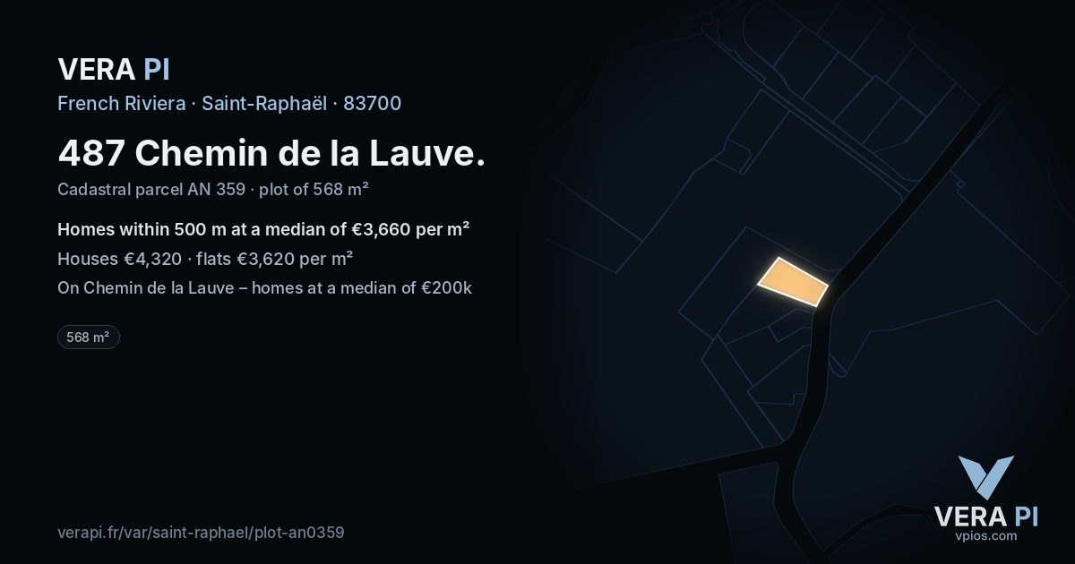 487 Chemin de la Lauve, Saint-Raphaël at night – the plot lit, the parcels around coloured by the prices near them