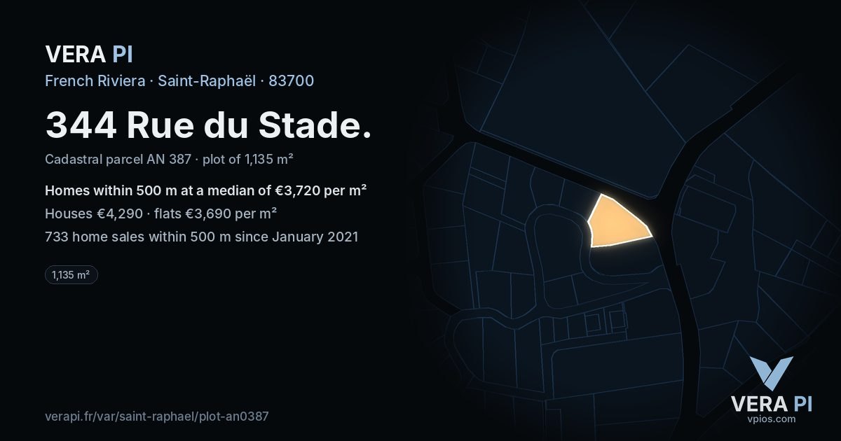 344 Rue du Stade, Saint-Raphaël at night – the plot lit, the parcels around coloured by the prices near them