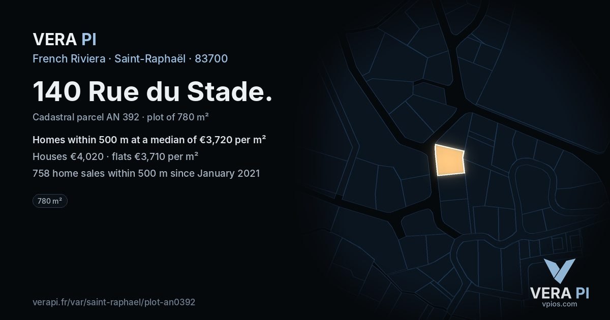 140 Rue du Stade, Saint-Raphaël at night – the plot lit, the parcels around coloured by the prices near them