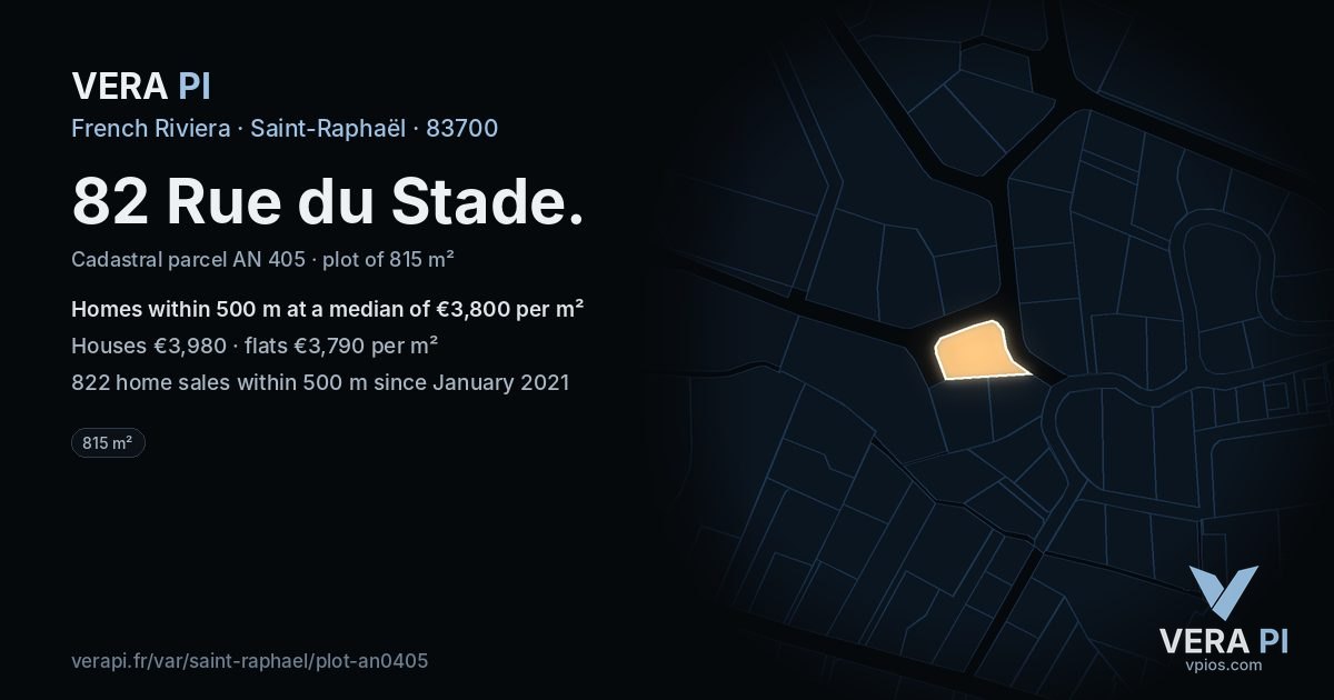 82 Rue du Stade, Saint-Raphaël at night – the plot lit, the parcels around coloured by the prices near them